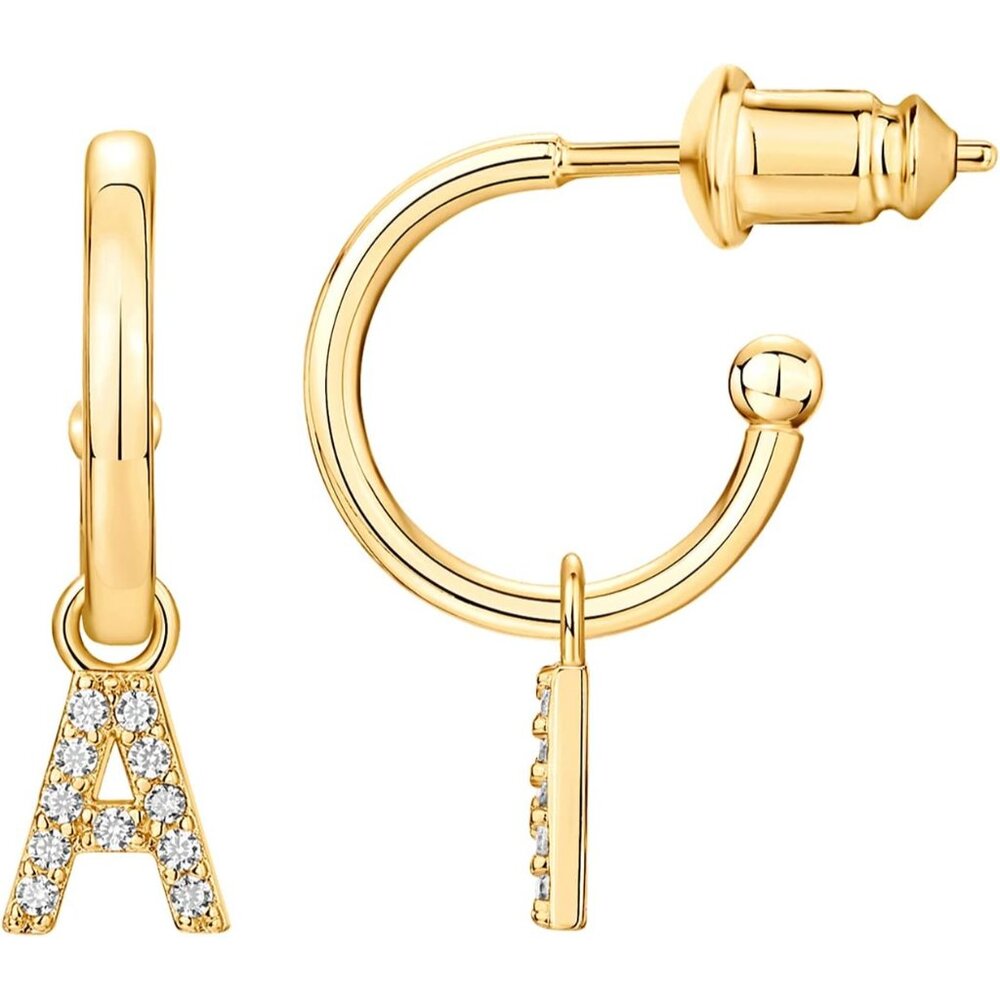 14k Gold Plated Initial Dangle Huggie Earrings For Women - Personalized Gift